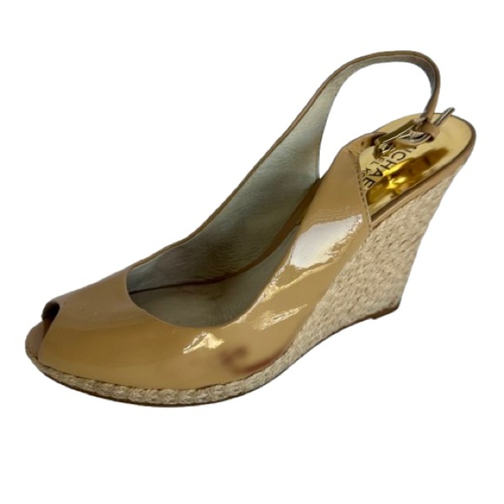 Michael Kors Womens Nude Patent Leather Espadrille Wedge Sandals Peep Toe Size 8